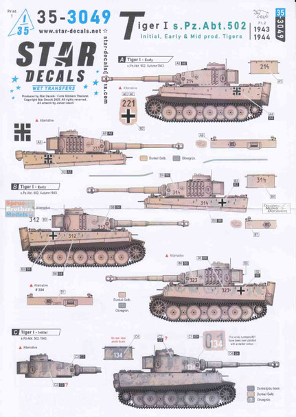 SRD353049 1:35 Star Decals: Tiger I s.Pz.Abt. 502 #2 - Initial, Early and Mid Production Tigers 1943-44