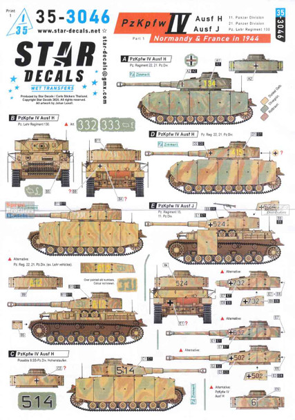 SRD353046 1:35 Star Decals: Normandy & France in 1944 #1 - PzKpfw IV Ausf H and J