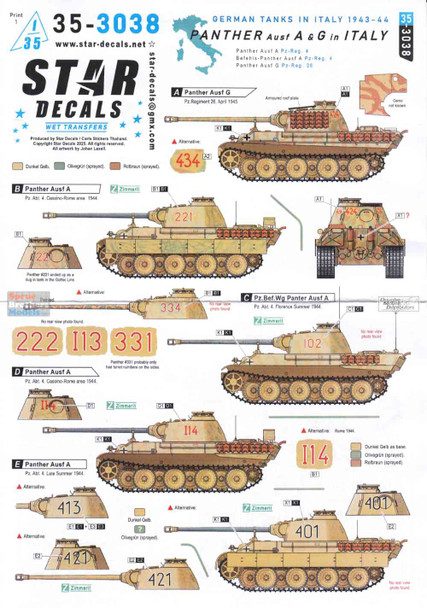 SRD353038 1:35 Star Decals: German Tanks in Italy 1943-44 - Panther A and G in Italy