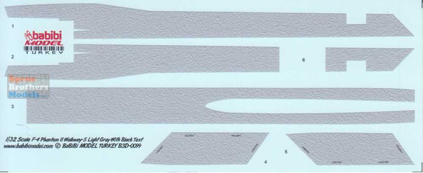BBBB3D0099 1:32 Babibi Model 3D Decals F-4 Phantom II Walkway Version 5 Light Gray with Black Text
