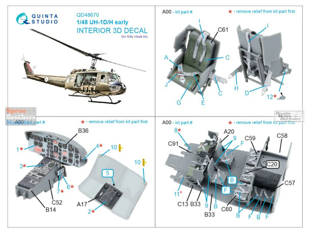 QTSQD48670 1:48 Quinta Studio 3D Decal - UH-1D/H Early Huey (ZIM/KTH kit)