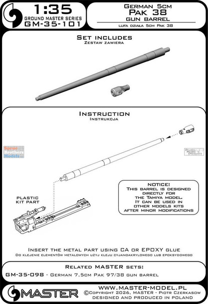 MASGM35101 1:35 Master Model German 5cm PaK38 Gun Barrel (TAM kit)