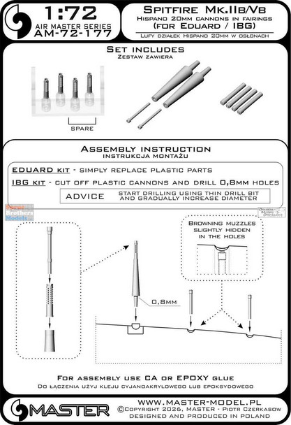 MASAM72177 1:72 Master Model Spitfire Mk.IIb/Vb Hispano 20mm Cannons in Fairings (EDU/IBG kit)