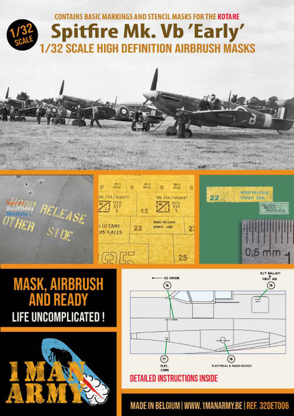 OMA32DET006 1:32 1Man Army Basic Markings & Stencil Masks - Spitfire Mk.Vb Early (KOT kit)