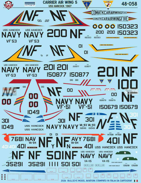 BMA48058 1:48 Bullseye Model Aviation Decals - Carrier Air Wing 5 USS Hancock 1967 (A-4C A-4E F-8E A-1H)