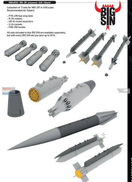 EDUSIN648155 1:48 Eduard BIG SIN MiG-21F Fishbed Armament Set (EDU kit)