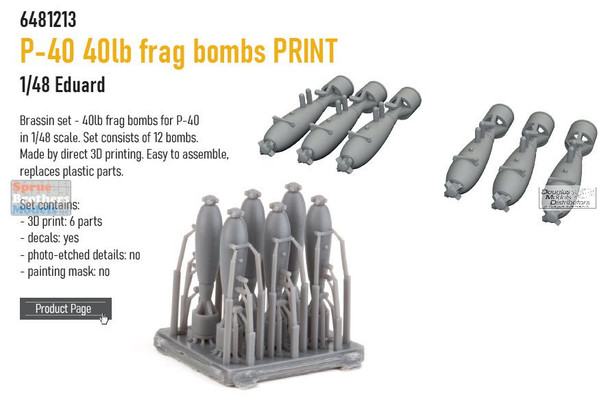 EDU6481213 1:48 Eduard Brassin - P-40 Warhawk 40lb Frag Bombs (EDU kit)