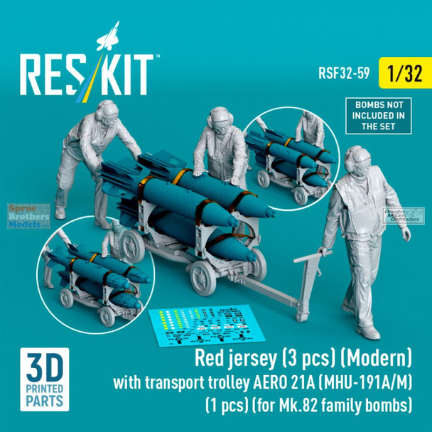 RESRSF320059F 1:32 ResKit Red Jersey Deck Crew Figure Set with AERO 21A (MHU-191A/M) Transport Trolley
