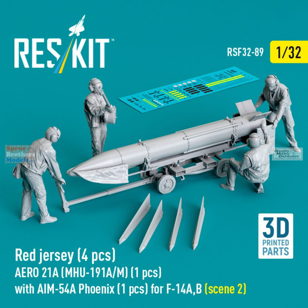 RESRSF320089F 1:32 ResKit Red Jersey Deck Crew Figure Set with AERO 21A (MHU-191A/M) Transport Trolley with AIM-54A Phoenix Missiles (for F-14A F-14B) Scene 2