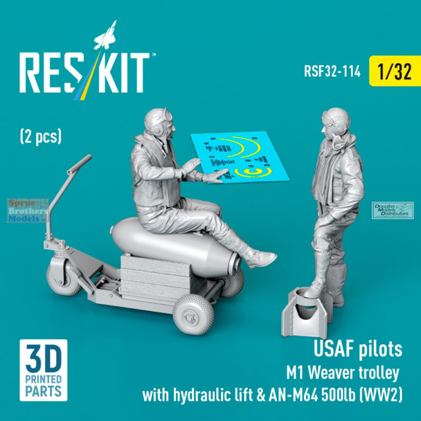 RESRSF320114F 1:32 ResKit WW2 USAAF Pilots Winter Uniform Figures & M1 Weaver Trolley with Hydraulic Lift & AN-M64 500lb Bomb