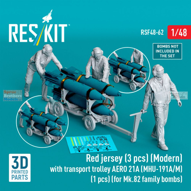 RESRSF480062F 1:48 ResKit Red Shirts Deck Crew Figure Set with AERO 21A (MHU-191A/M) Transport Dolly