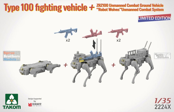 TAK02224X 1:35 Takom PLA Type 100 Fighting Vehicle + ZRZ100 UGCV + Robot Wolves Unmanned Combat System