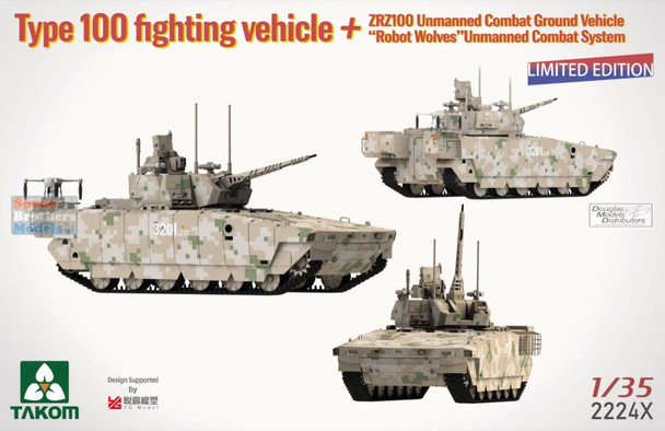 TAK02224X 1:35 Takom PLA Type 100 Fighting Vehicle + ZRZ100 UGCV + Robot Wolves Unmanned Combat System