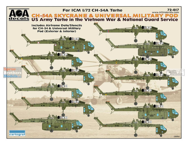 AOA72017 1:72 AOA Decals - CH-54A Skycrane & Universal Military Pod: US Army Tarhe in the Vietnam War & National Guard Service