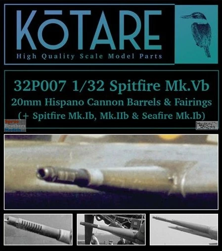 KOT32P007P 1:32 Kotare Spitfire Mk.Vb/Ib/IIb Seafire Mk.Ib 20mm Hispano Cannon Barrels & Fairings (KOT kit)