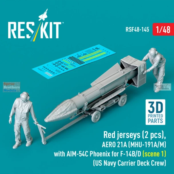 RESRSF480145F 1:48 ResKit Red Shirts Deck Crew Figure Set with AERO 21A (MHU-191A/M) Transport Dolly with AIM-54C Phoenix - Scene 1