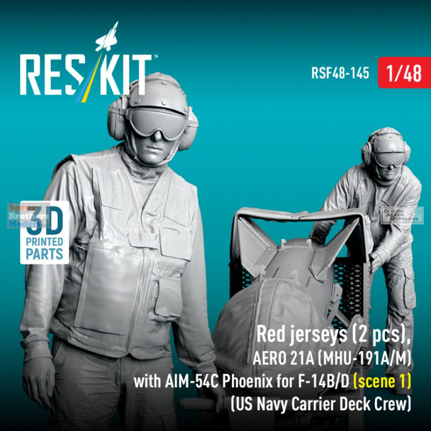 RESRSF480145F 1:48 ResKit Red Shirts Deck Crew Figure Set with AERO 21A (MHU-191A/M) Transport Dolly with AIM-54C Phoenix - Scene 1
