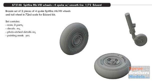 EDU672146 1:72 Eduard Brassin Spitfire Mk.VIII Wheels 4-Spoke Smooth Tire (EDU kit)
