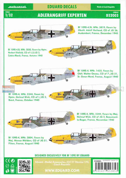 EDUD32003 1:32 Eduard Decals - Bf 109E-4 ADLERANGRIFF: Experten