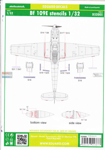 EDUD32005 1:32 Eduard Decals - Bf 109E Stencils