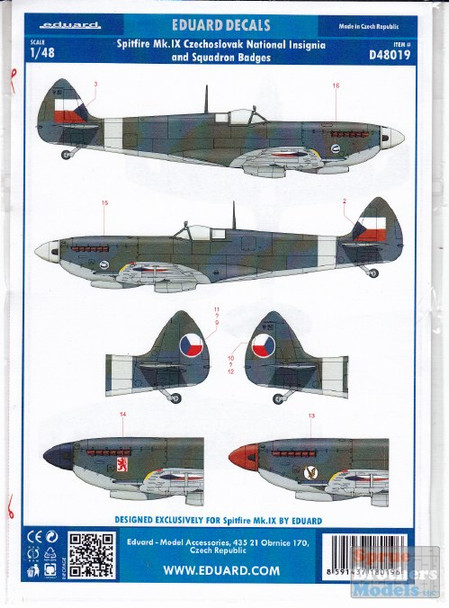 EDUD48019 1:48 Eduard Decals - Spitfire Mk IX Czechoslovak National Insignia and Squadron Badges