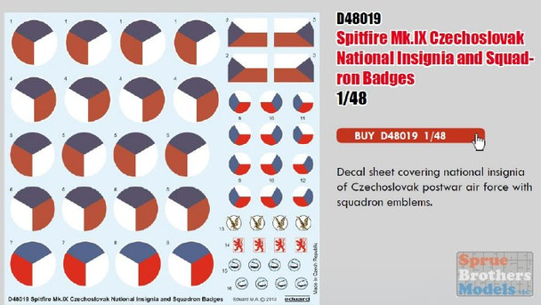 EDUD48019 1:48 Eduard Decals - Spitfire Mk IX Czechoslovak National Insignia and Squadron Badges