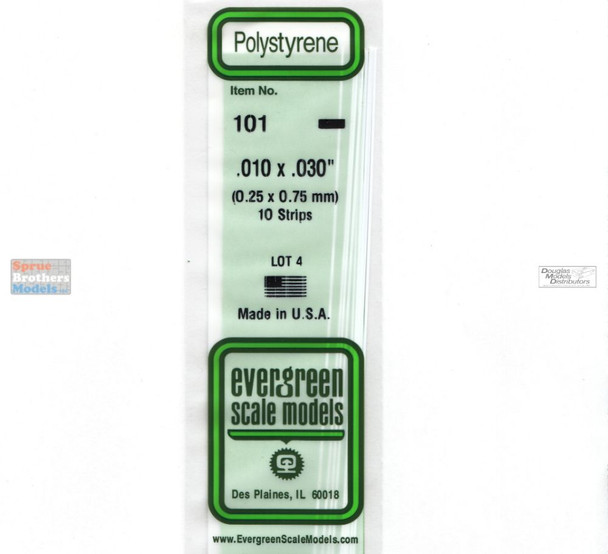 EVG0101 Evergreen Styrene Plastic .010 x .030 Strip 10 pieces #101