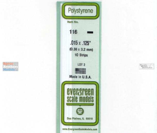 EVG0116 Evergreen Styrene Plastic .015 x .125 Strip 10 pieces #116