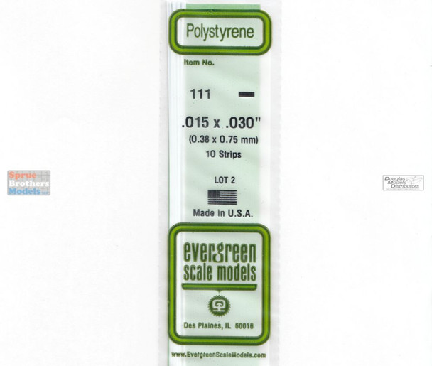 EVG0111 Evergreen Styrene Plastic .015 x .030 Strip 10 pieces #111