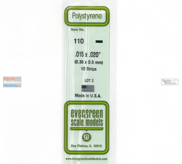 EVG0110 Evergreen Styrene Plastic .015 x .020 Strip 10 pieces #110