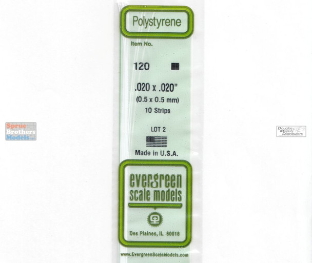 EVG0120 Evergreen Styrene Plastic .020 x .020 Strip 10 pieces #120