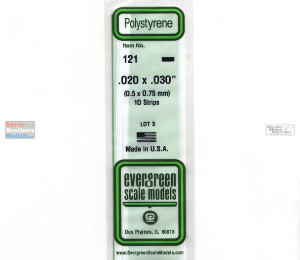 EVG0121 Evergreen Styrene Plastic .020 x .030 Strip 10 pieces #121