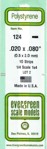 EVG0124 Evergreen Styrene Plastic .020 x .080 Strip 10 pieces #124