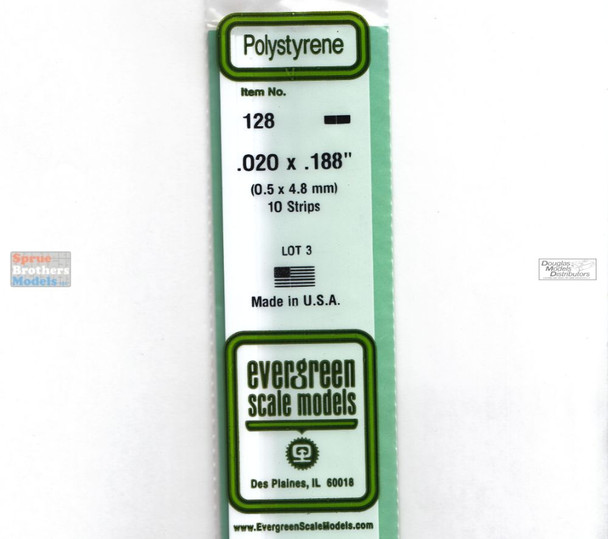 EVG0128 Evergreen Styrene Plastic .020 x .188 Strip 10 pieces #128