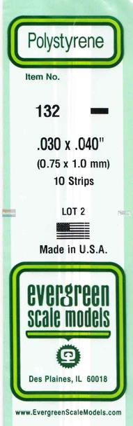EVG0132 Evergreen Styrene Plastic .030 x .040 Strip 10 pieces #132