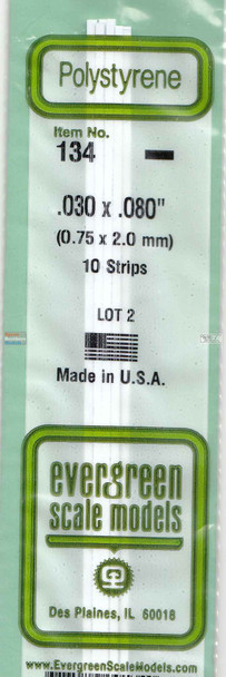 EVG0134 Evergreen Styrene Plastic .030 x .080 Strip 10 pieces #134