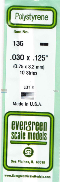 EVG0136 Evergreen Styrene Plastic .030 x .125 Strip 10 pieces #136