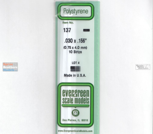 EVG0137 Evergreen Styrene Plastic .030 x .156 Strip 10 pieces #137