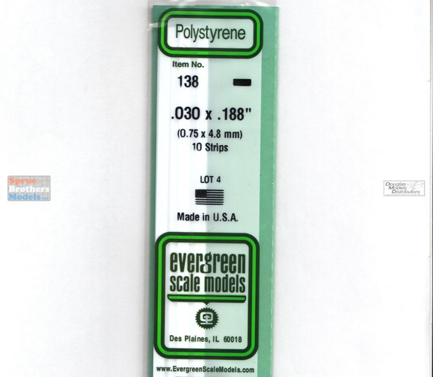EVG0138 Evergreen Styrene Plastic .030 x .188 Strip 10 pieces #138