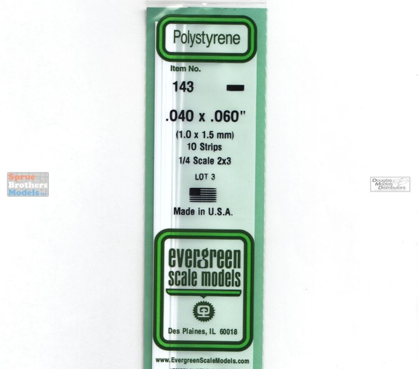 EVG0143 Evergreen Styrene Plastic .040 x .060 Strip 10 pieces #143
