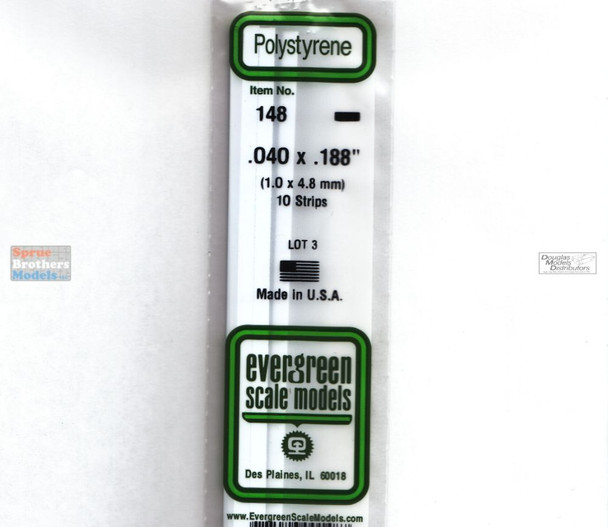 EVG0148 Evergreen Styrene Plastic .040 x .188 Strip 10 pieces #148