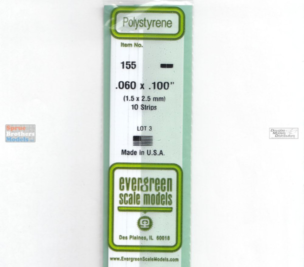 EVG0155 Evergreen Styrene Plastic .060 x .100 Strip 10 pieces #155