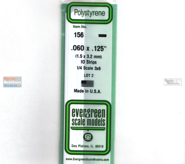 EVG0156 Evergreen Styrene Plastic .060 x .125 Strip 10 pieces #156