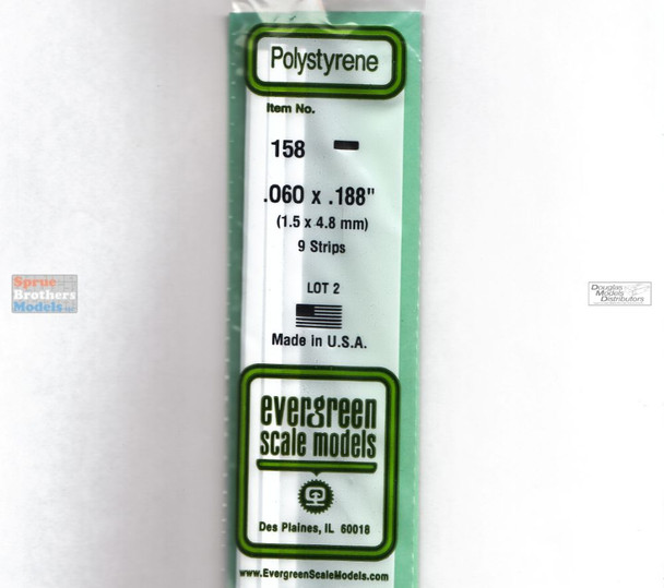 EVG0158 Evergreen Styrene Plastic .060 x .188 Strip 9 pieces #158