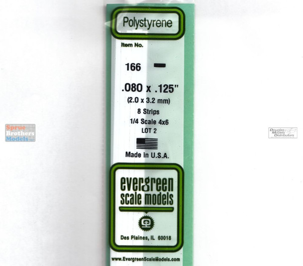 EVG0166 Evergreen Styrene Plastic .080 x .125 Strip 8 pieces #166