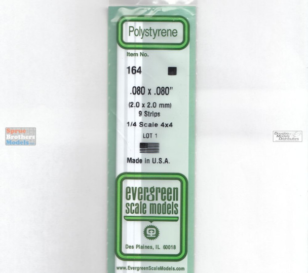 EVG0164 Evergreen Styrene Plastic .080 x .080 Strip 9 pieces #164