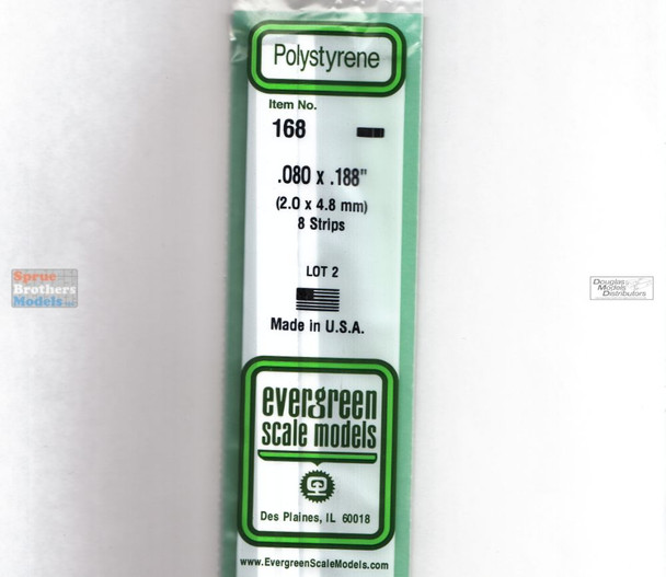 EVG0168 Evergreen Styrene Plastic .080 x .188 Strip 8 pieces #168
