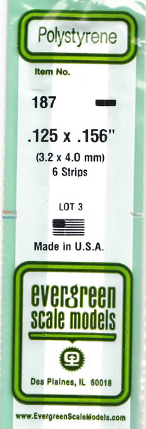 EVG0187 Evergreen Styrene Plastic .125 x .156 Strip 6 pieces #187