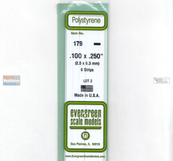 EVG0179 Evergreen Styrene Plastic .100 x .250 Strip 6 pieces #179