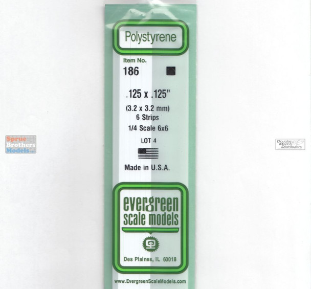 EVG0186 Evergreen Styrene Plastic .125 x .125 Strip 6 pieces #186